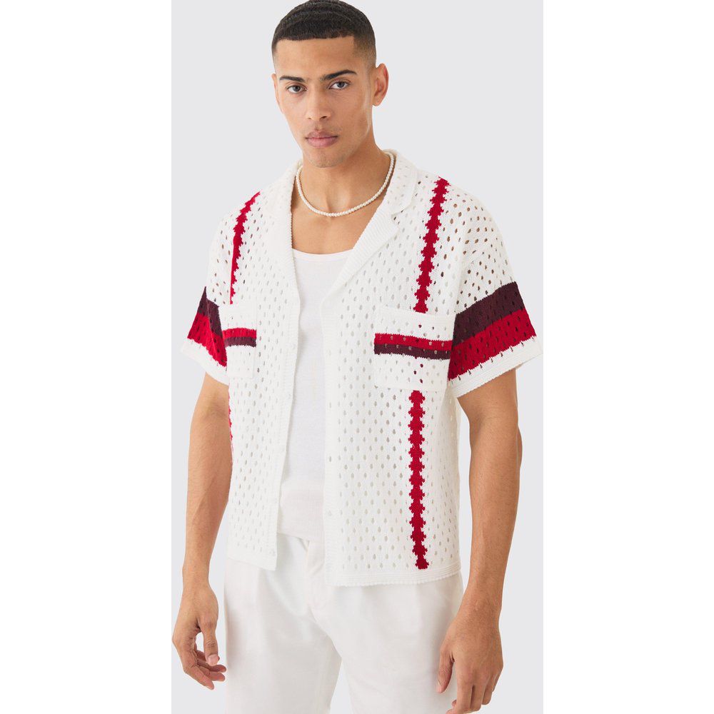 Oversized Boxy Open Stitch Revere Stripe Shirt In White - boohoo - Modalova