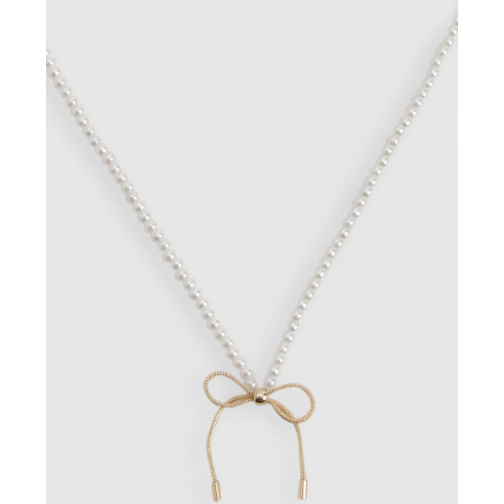 Pearl Detail Bow Necklace, Bianco - boohoo - Modalova