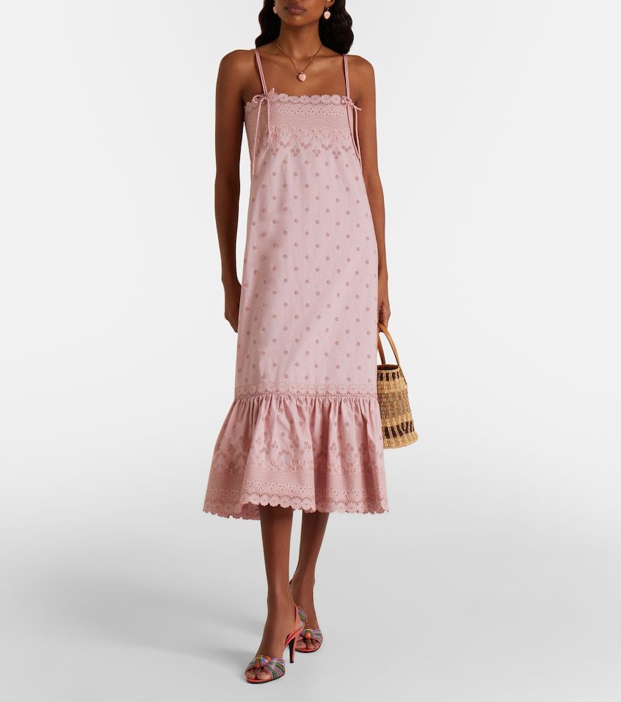 Vestido midi de algodón con seda y bordado inglés - Valentino - Modalova