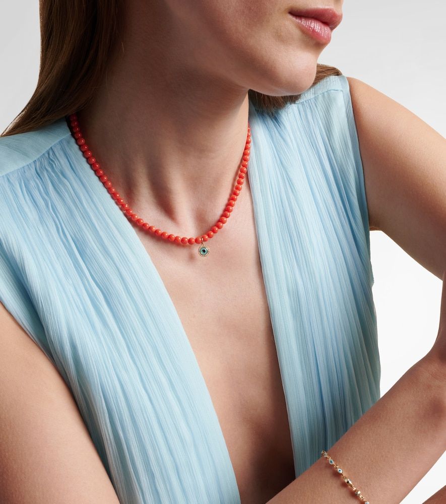 Collar Evil Eye con cuentas de coral y oro de 14 ct con diamantes - Sydney Evan - Modalova