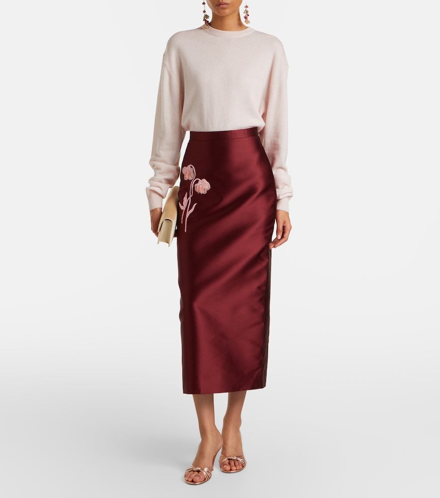 Floral-applique satin slip skirt - Erdem - Modalova