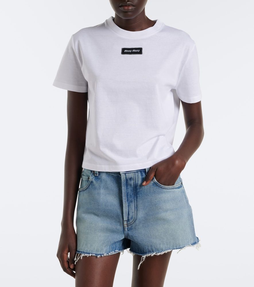 T-shirt in piqué di cotone con logo - Miu Miu - Modalova