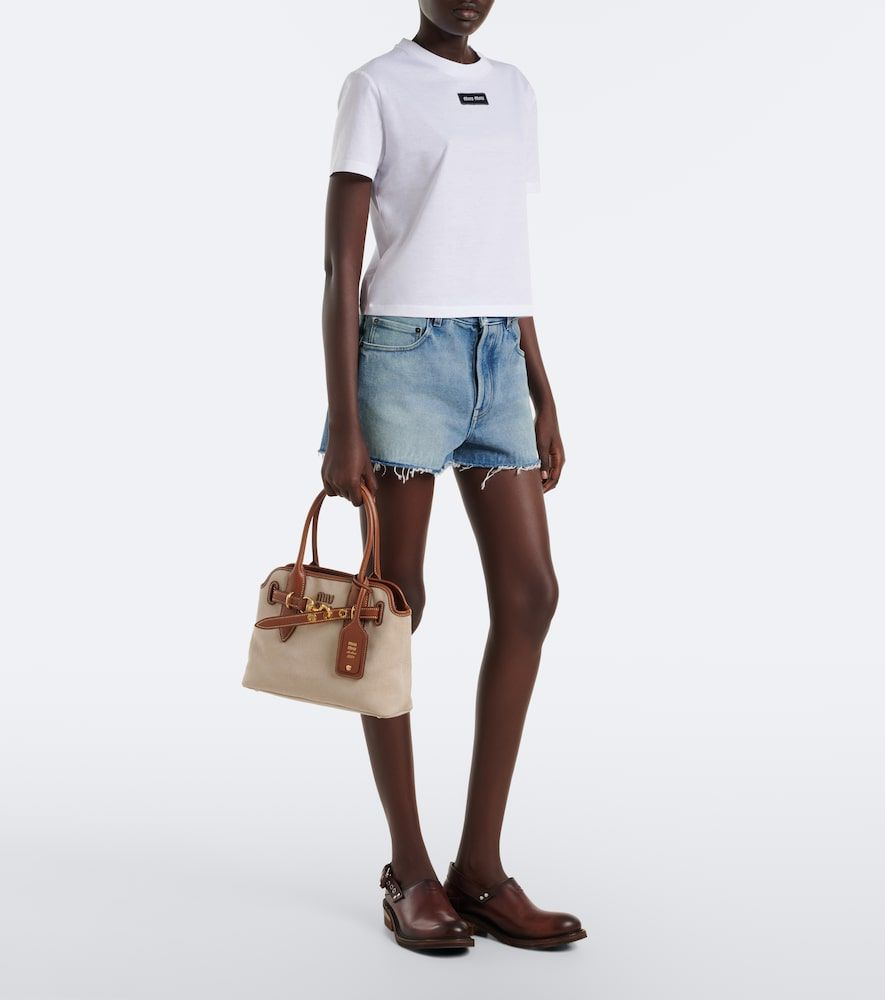 T-shirt in piqué di cotone con logo - Miu Miu - Modalova