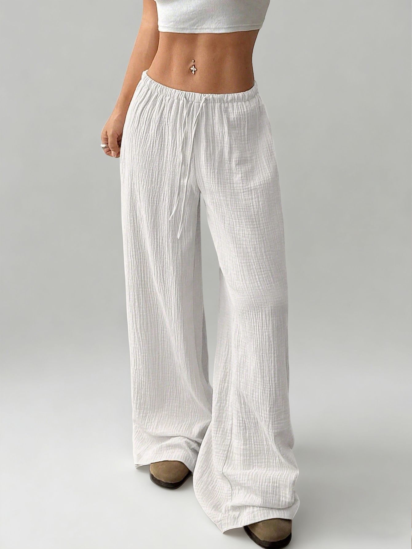 Daily Light Blue Pocket Casual Lace Up Linen Pants - Ursime - Modalova