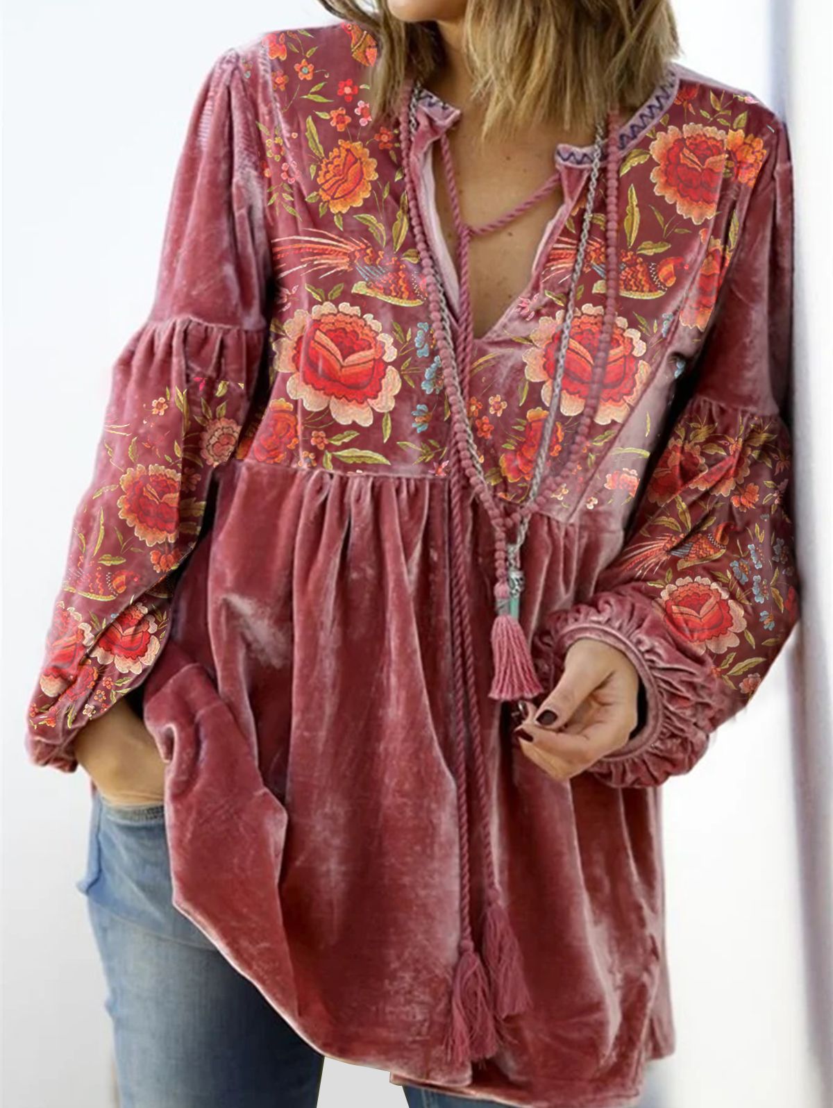 V Neck Tie Front Gathered Floral Top - Ursime - Modalova