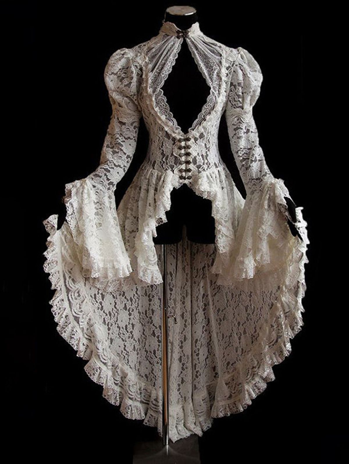 Retro Lace Splicing Stand Collar Flare Sleeve Maxi Dress - Ursime - Modalova