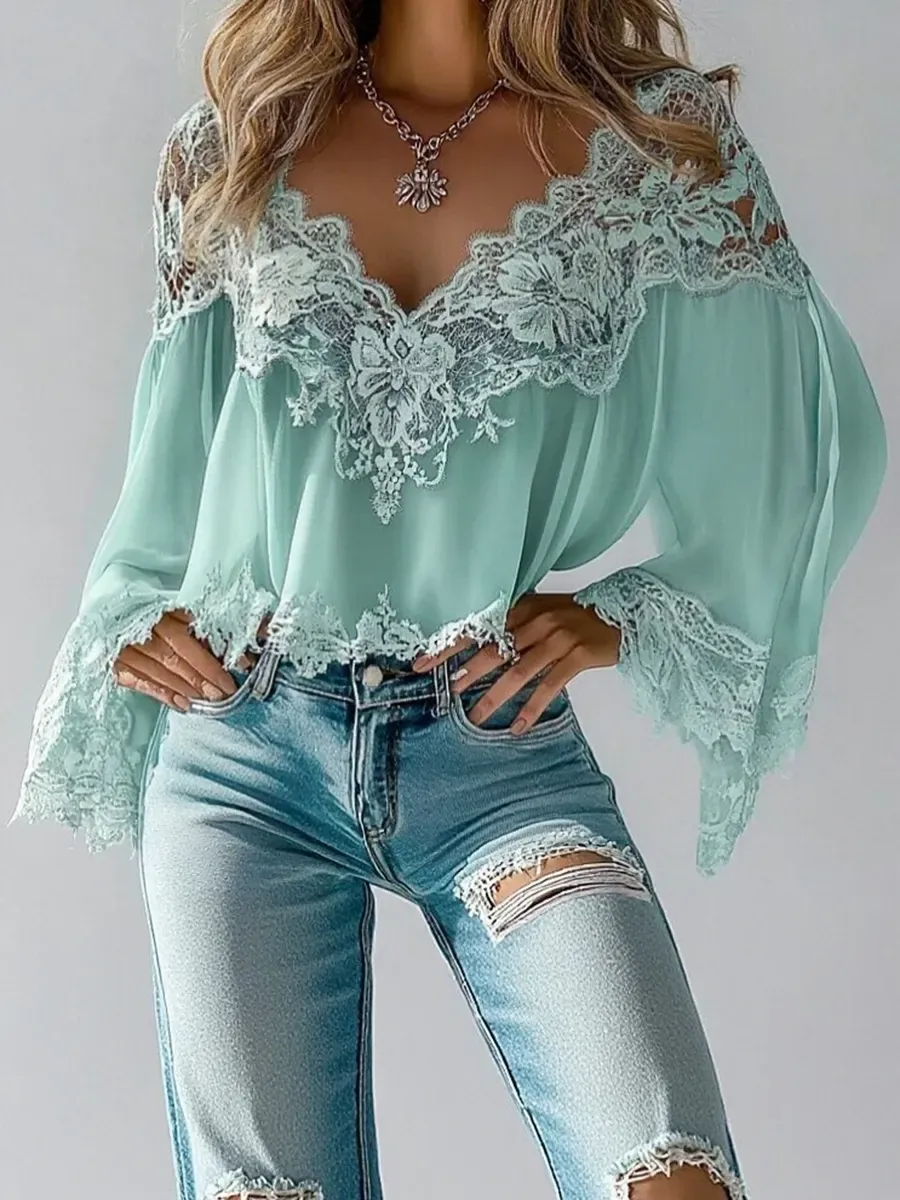 Casual Floral Lace V Neck Long Sleeve Blouse - Ursime - Modalova