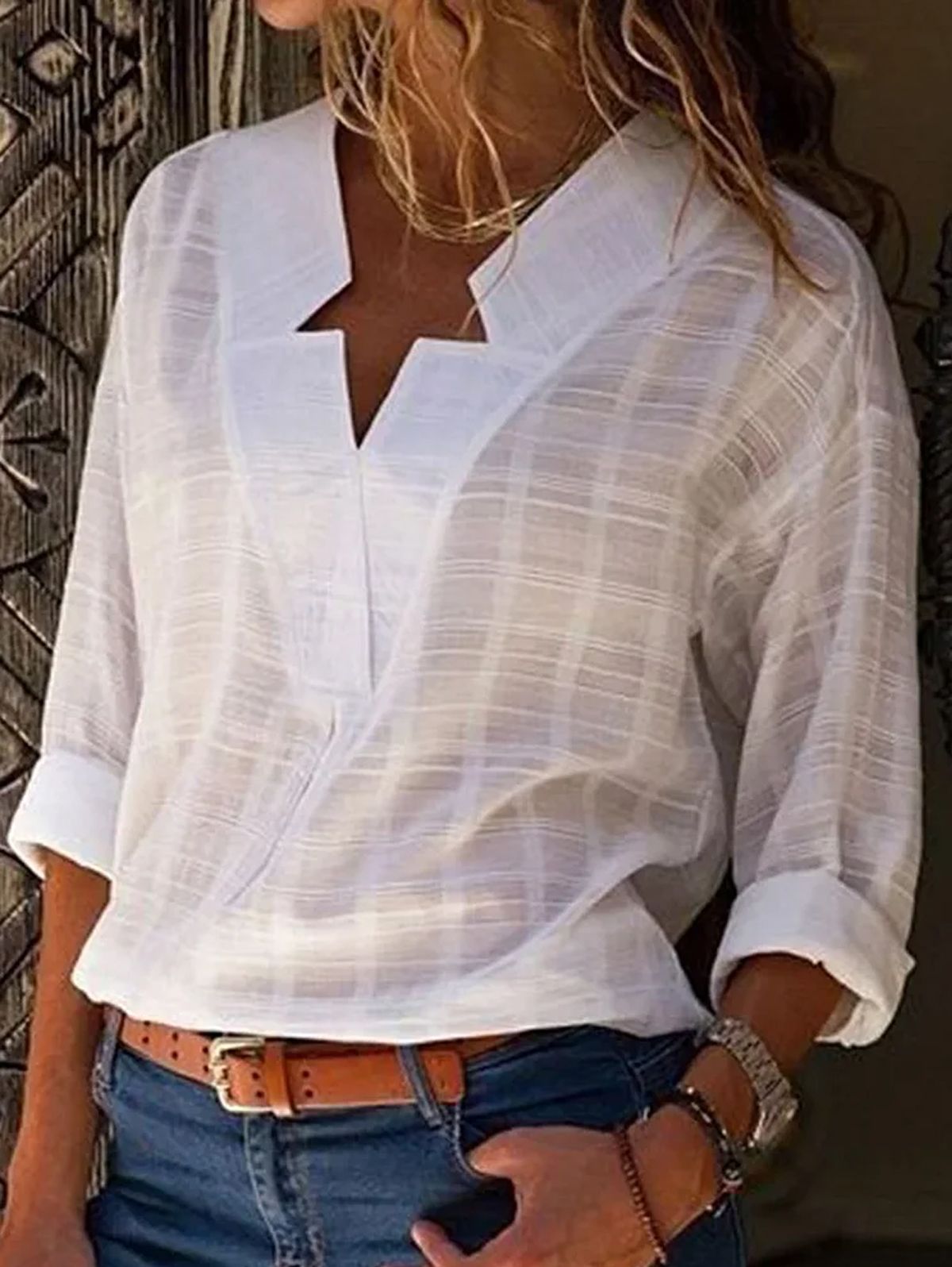 V Neck Long Sleeve Solid Color Shirts - Ursime - Modalova