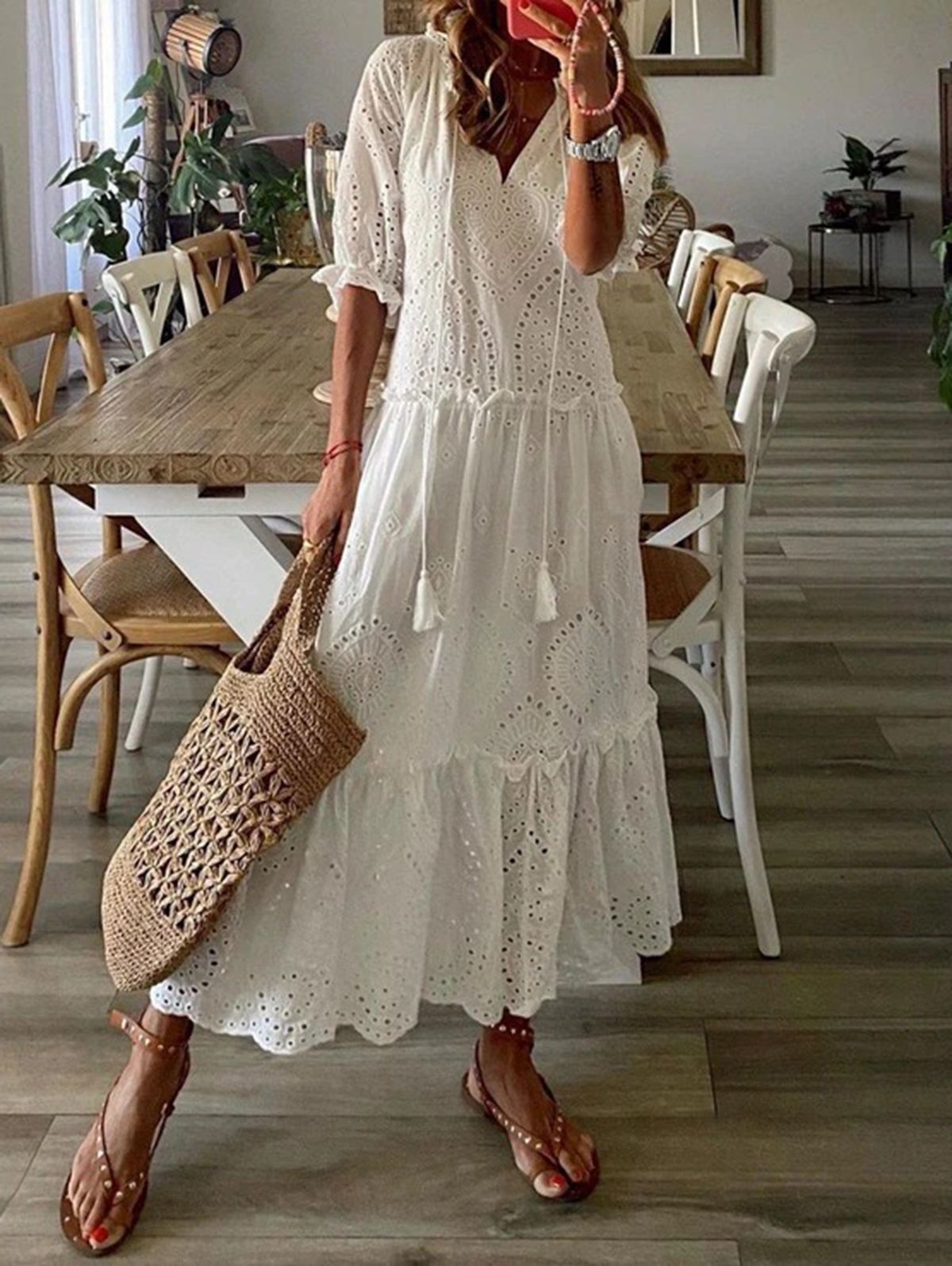 Retro Half Sleeve Casual V Neck Midi Dress - Ursime - Modalova