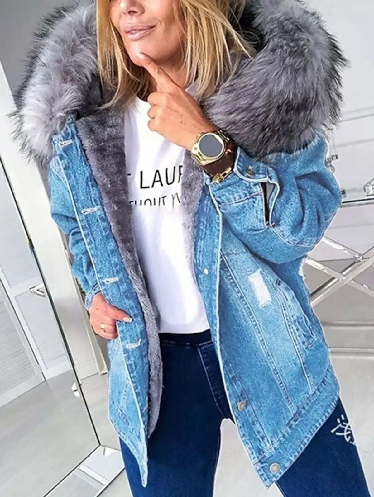 Plush Long Sleeve Single Breasted Pockets Denim Coat - Ursime - Modalova