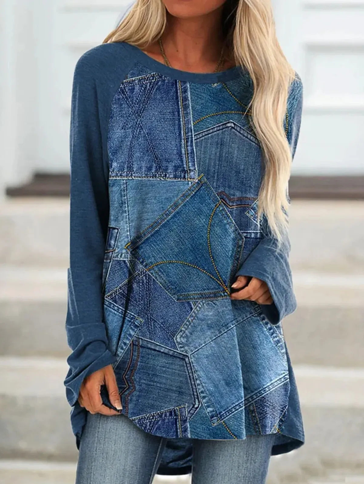 Crew Neck Long Sleeve Denim Pattern Mid-length Blouse - Ursime - Modalova