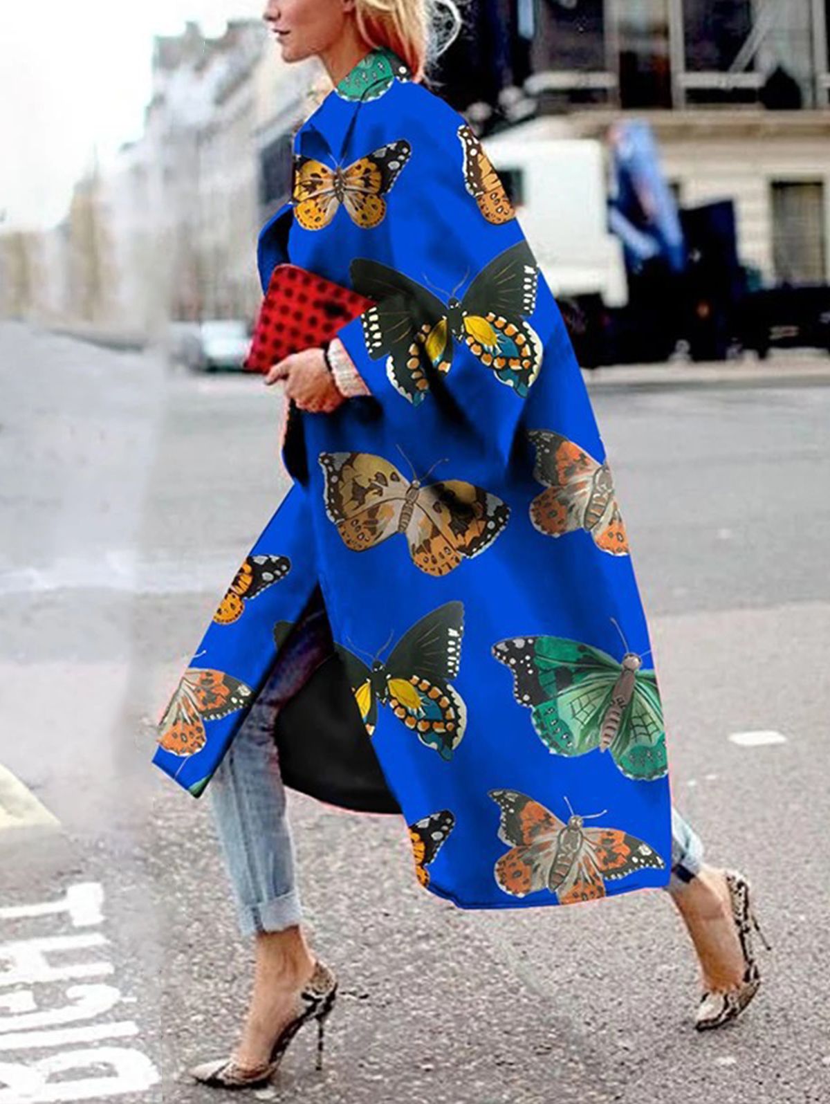 Casual Turndown Collar Flare Sleeve Graphic Patchwork Trench Coat - Ursime - Modalova