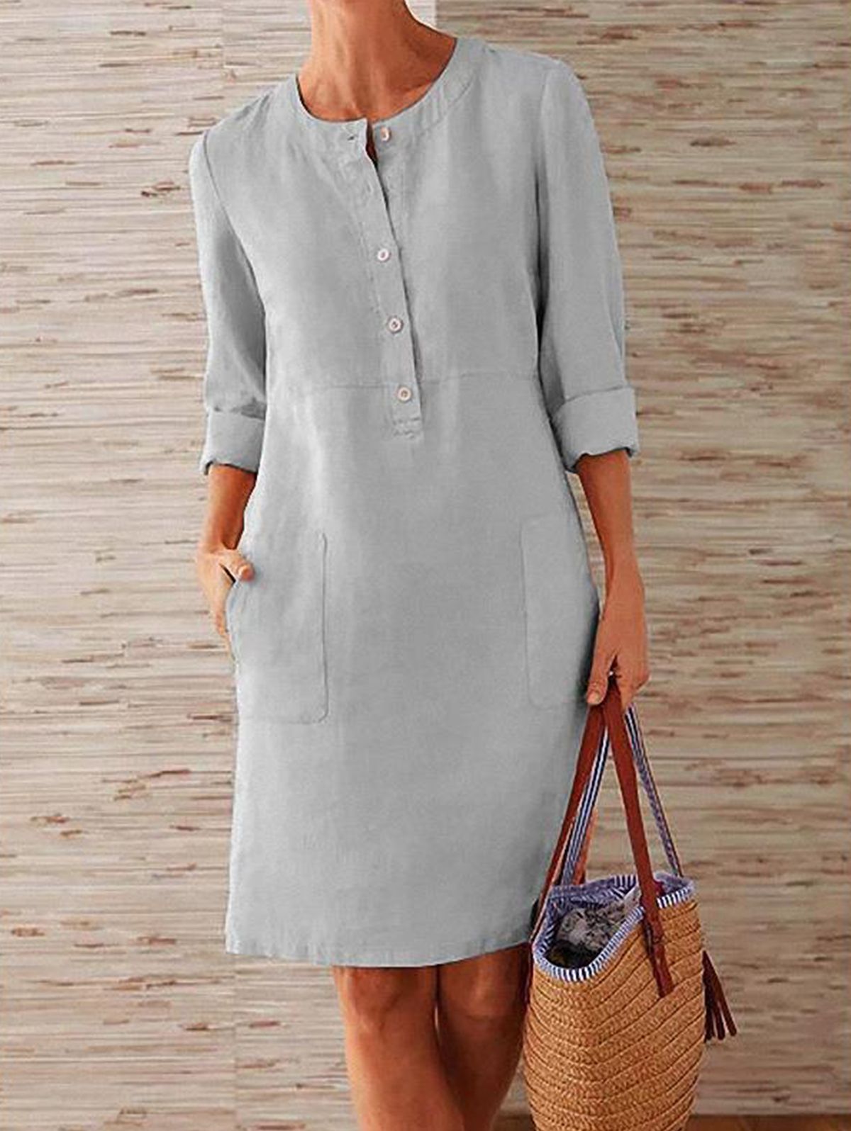 Daily Solid Half Button Long Sleeve Pocket Midi Dress - Ursime - Modalova