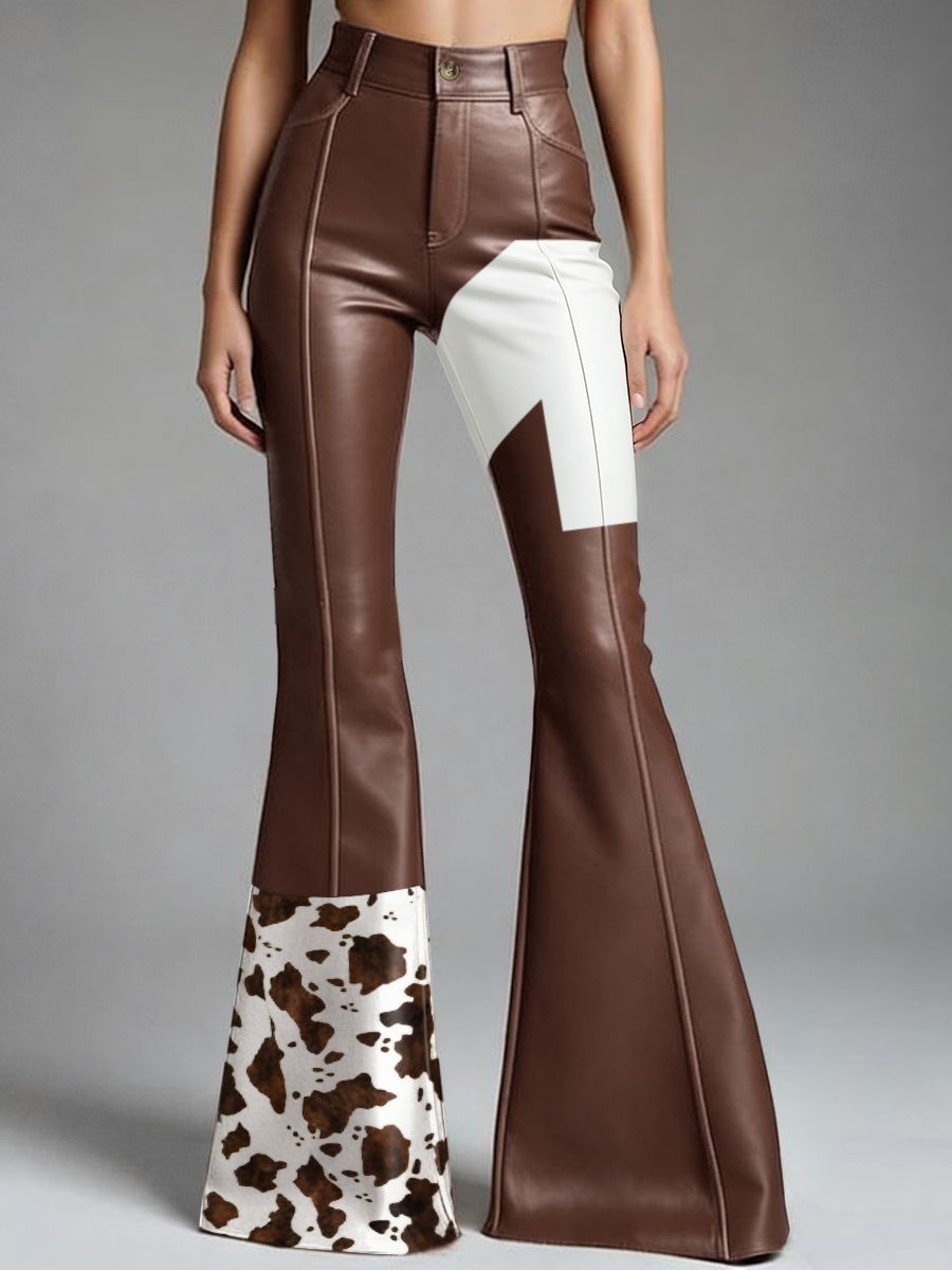 Western Cow Pattern PU Leather High Waist Bell Bottom Pants - Ursime - Modalova