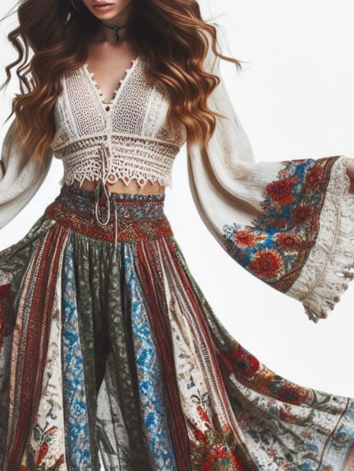 Boho Floral Pattern Cropped V Neck Flare Sleeve Blouse - Ursime - Modalova
