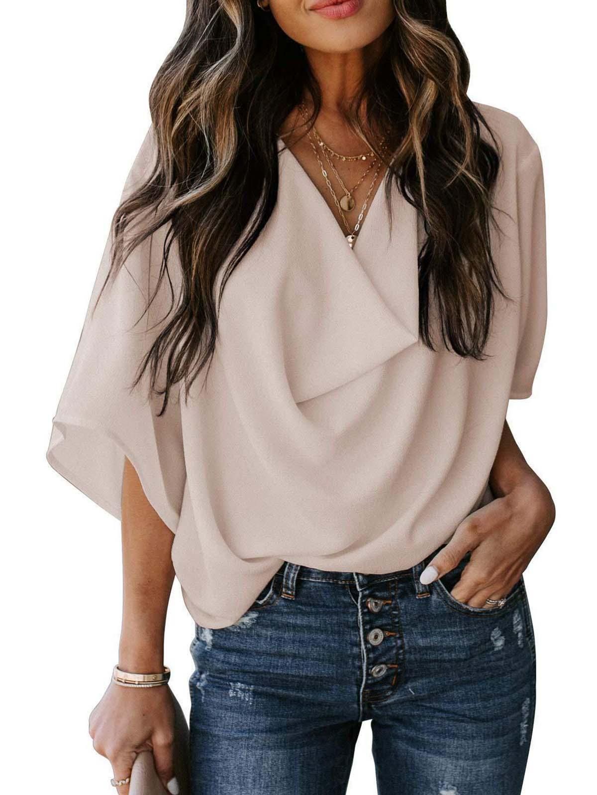 Solid Drape Neck Casual Chiffon Top - Ursime - Modalova