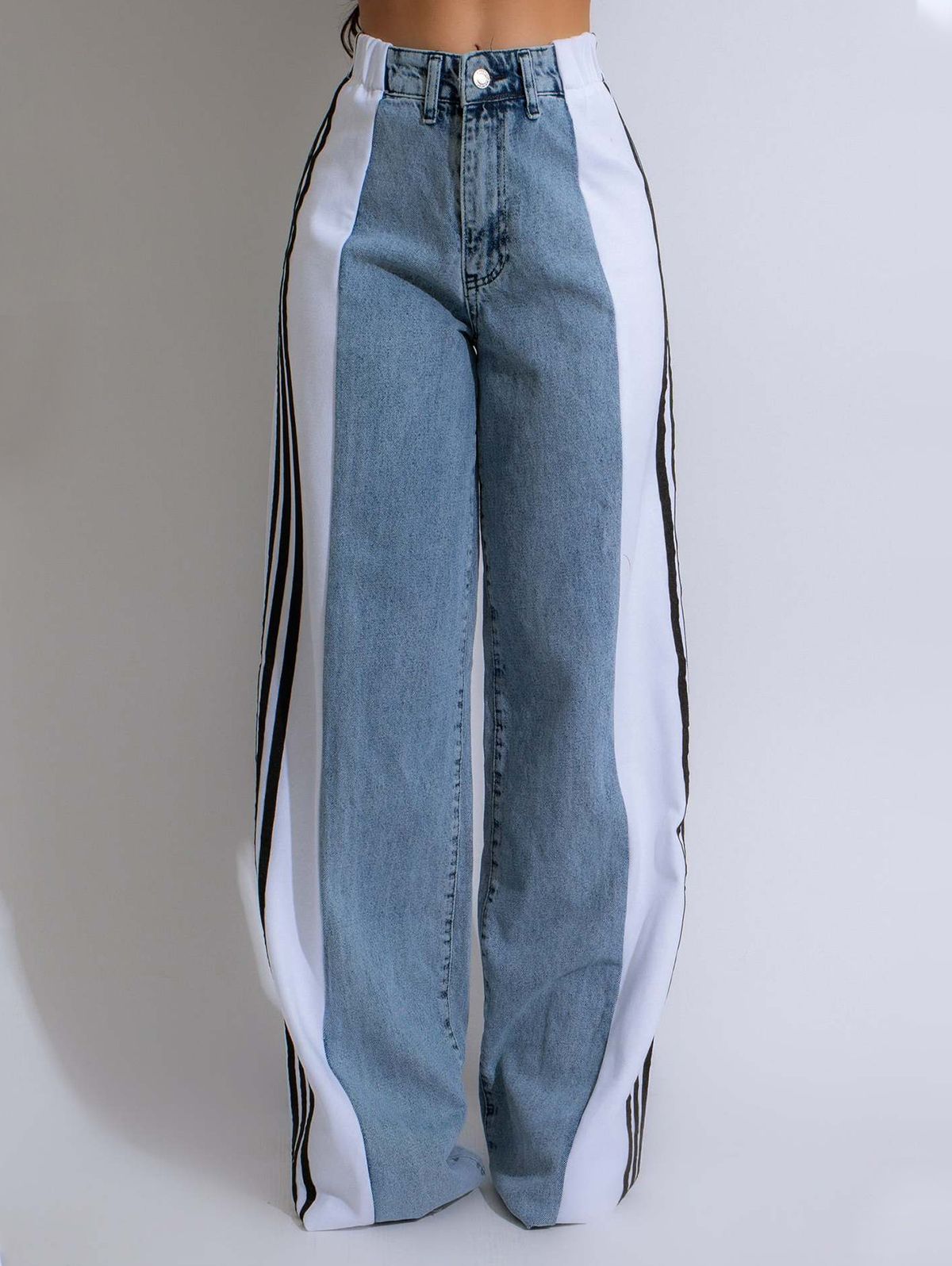 Fashion Stripe Patchwork High Rise Straight Leg Denim Jeans - Ursime - Modalova