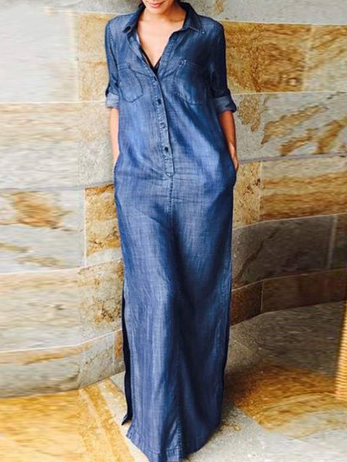 Daily Rolling Up Sleeve Button Down Loose-Fit Denim Maxi Dress - Ursime - Modalova