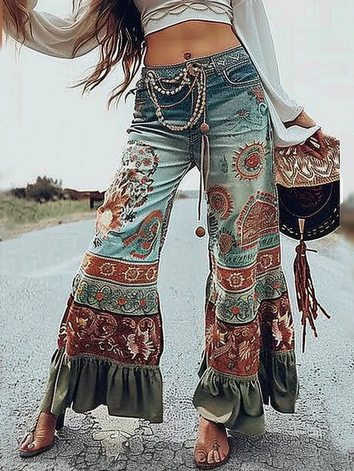 Boho Print Ruffle Hem Flare Pants - Ursime - Modalova
