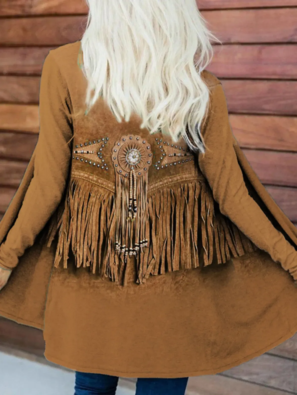 Boho Fringe Print Open Front Long Sleeve Cardigan - Ursime - Modalova