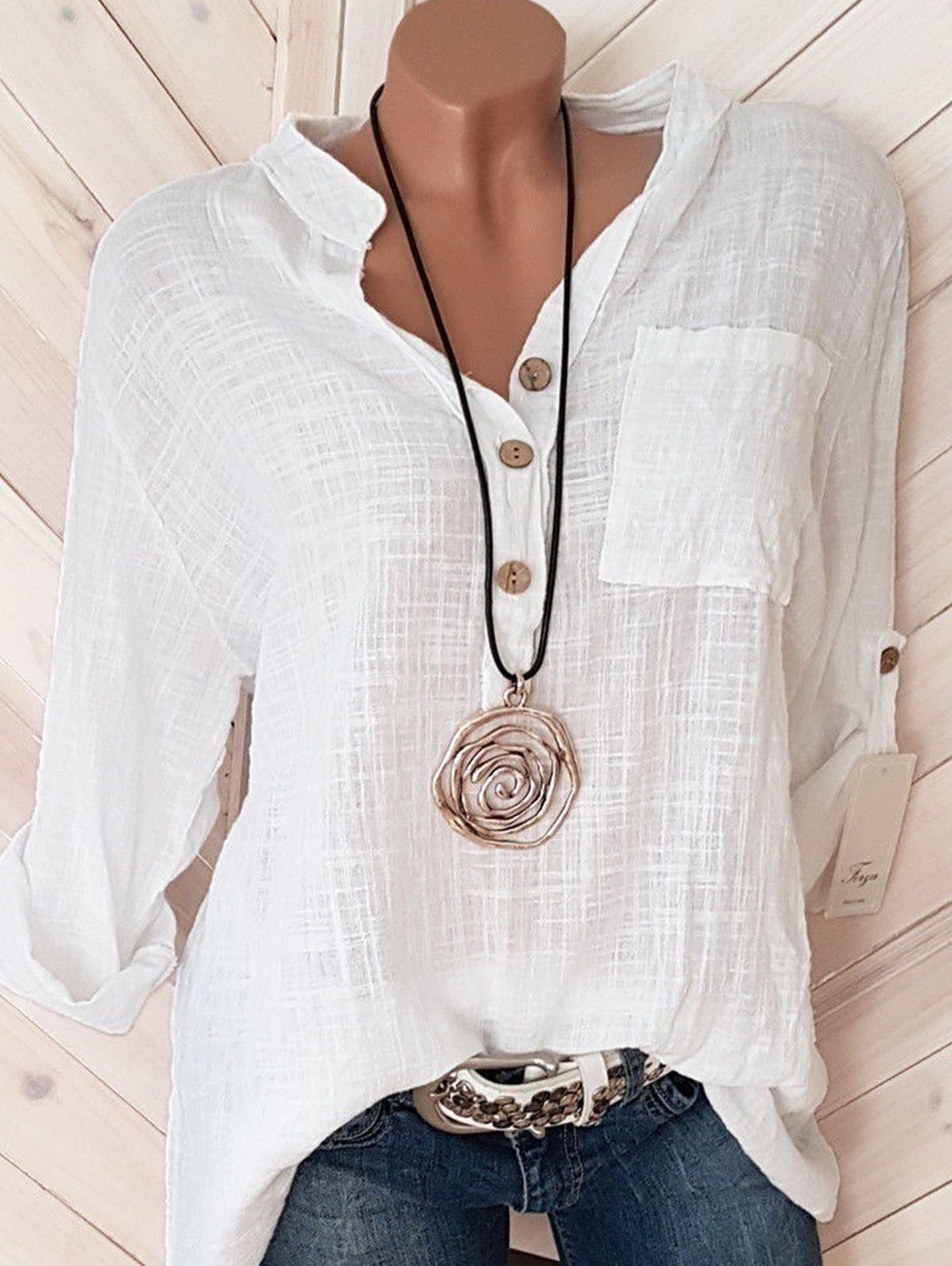 Daily V Neck Buttons Long Sleeve Solid Blouses - Ursime - Modalova