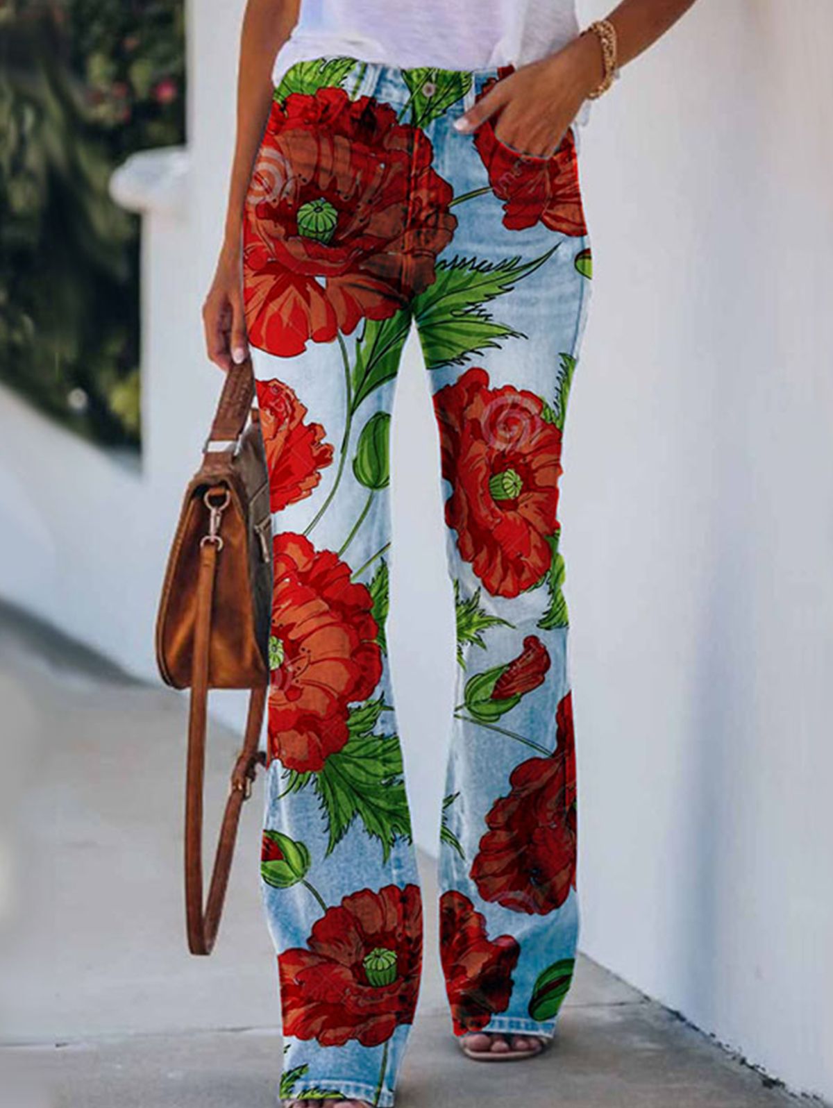 Daily Floral Graphic High Waisted Pocket Flared Pants - Ursime - Modalova