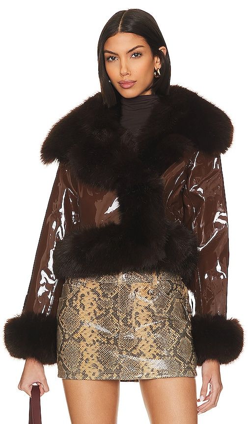 Faux Leather & Fur Jacket in Brown. - size L (also in M, S) - Adrienne Landau - Modalova