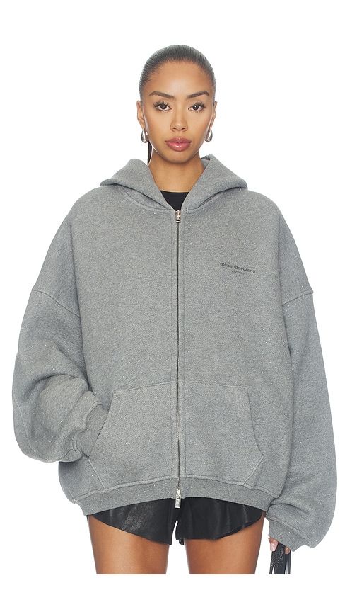 Oversized Zip-up Hoodie With Allover Hotfix in Grey. - size L (also in M, S) - Alexander Wang - Modalova