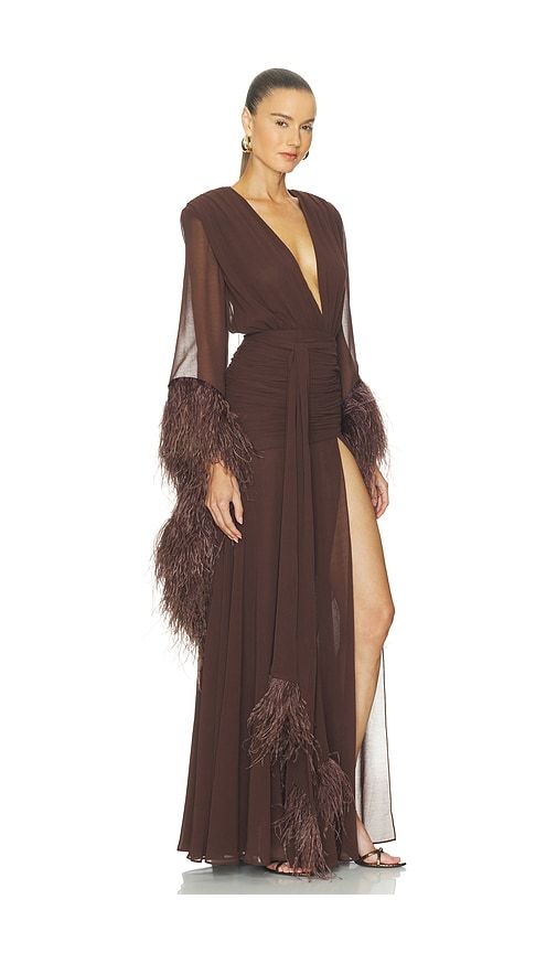 Long Sleeve Deep-v Feather Gown in Brown. - size L (also in M, S, XS) - Bronx Banco - Modalova