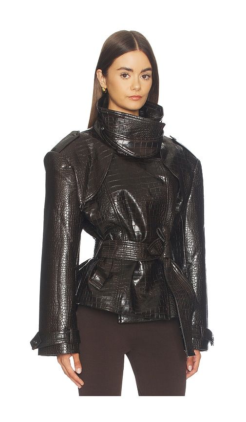 Faux Leather Croc Embossed Belted Jacket in Brown. - size L (also in M, S, XS) - Bronx Banco - Modalova