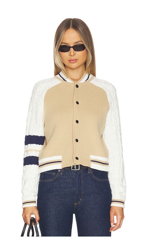 Chloe Cable Sleeve Knit Bomber in Tan,White. - size L (also in XL) - Central Park West - Modalova