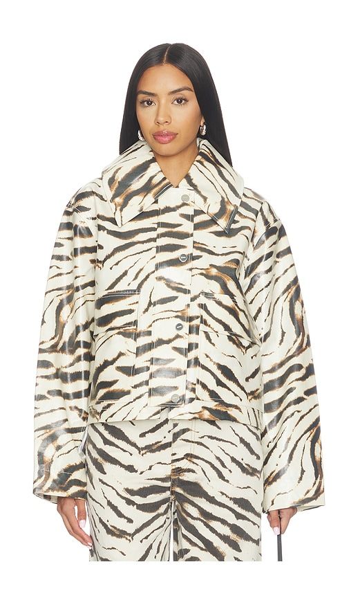 Printed Laminated Cotton Canvas Barn Jacket in Cream. - size M/L (also in XS/S) - Ganni - Modalova