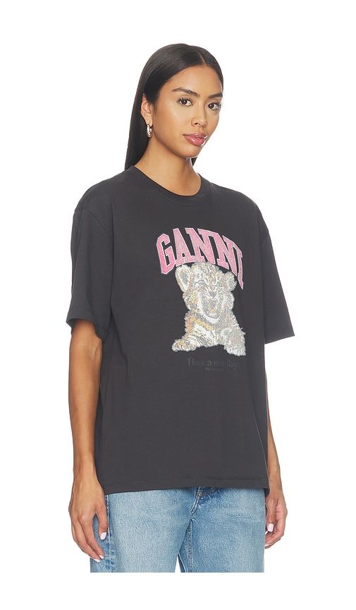 Heavy Cotton Jersey Tiger Caviar Tee in Black. - size L (also in M, S, XS) - Ganni - Modalova