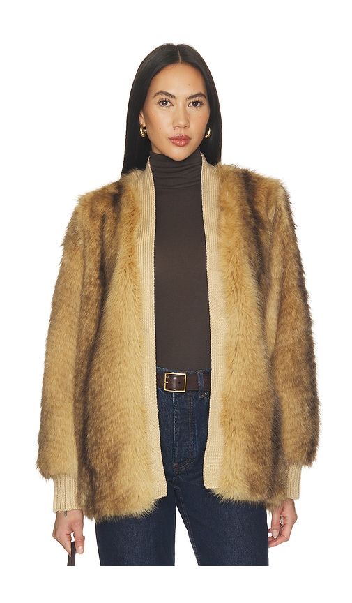 Heloise Faux Fur Belted Wrap Jacket in Brown. - size L (also in M, S, XL, XS) - Generation Love - Modalova