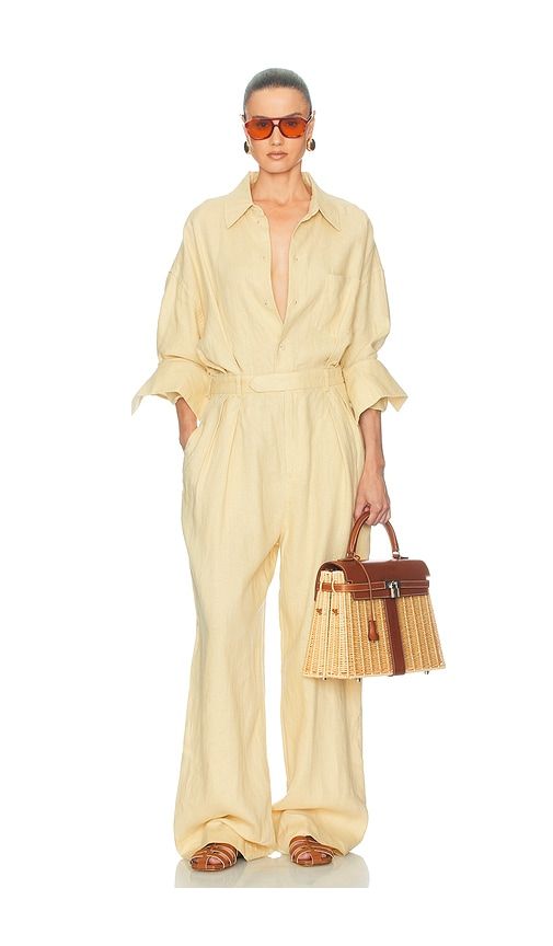 Paperbag Jumpsuit in Washed Linen in Beige. - size S (also in XS) - Helsa - Modalova