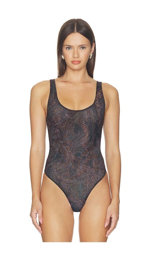 Kalea Scoop Neck Tank Bodysuit in Midnight Multi Lux Paisley in Brown. - size L (also in M, S, XS, XXS) - L'AGENCE - Modalova