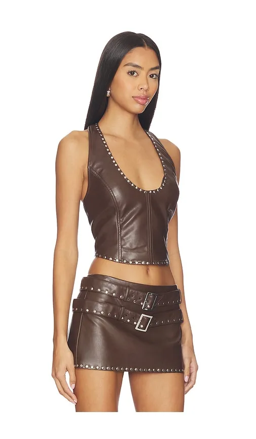 X REVOLVE Liddy Faux Leather Studded Halter Top in Chocolate. - size L (also in M, S) - LAMARQUE - Modalova
