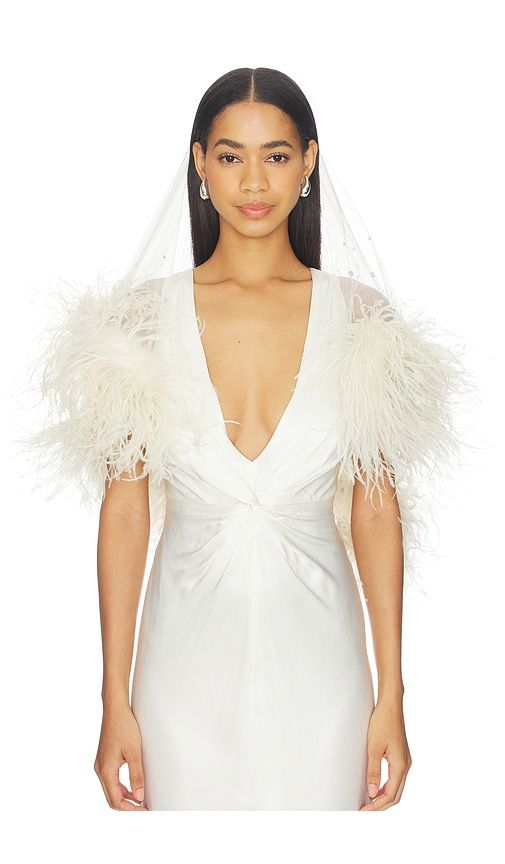 X REVOLVE Tulle Embroidered Short Veil With Feathers in - LaPointe - Modalova