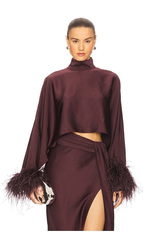 Lightweight Satin Caftan Top With Feathers in Wine. - size L (also in M) - Lapointe - Modalova