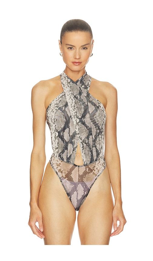 X REVOLVE Printed Mesh Cross Bodysuit in Brown. - size L (also in M, S, XS) - LaPointe - Modalova