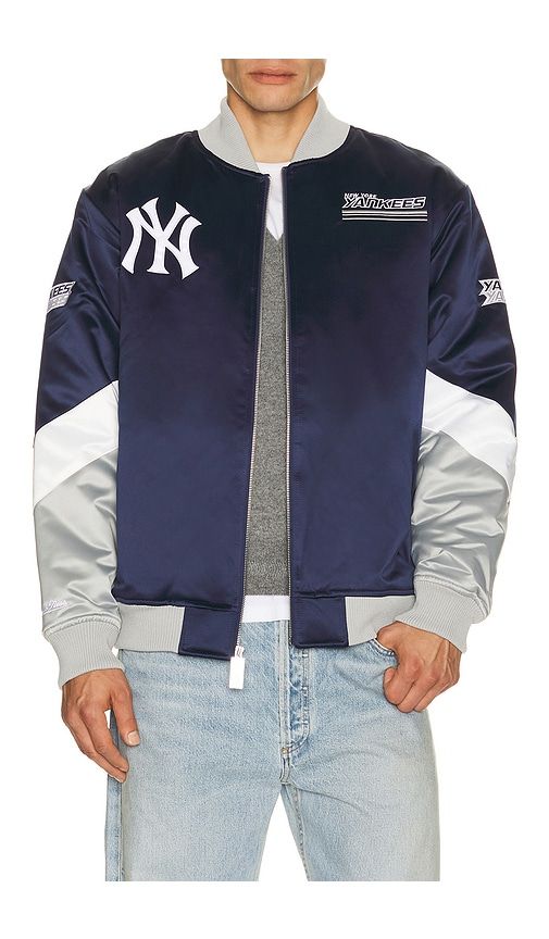 MLB New York Yankees Triple Check Heavyweight Satin Jacket in Blue. - size L (also in M, S, XL/1X) - Mitchell & Ness - Modalova