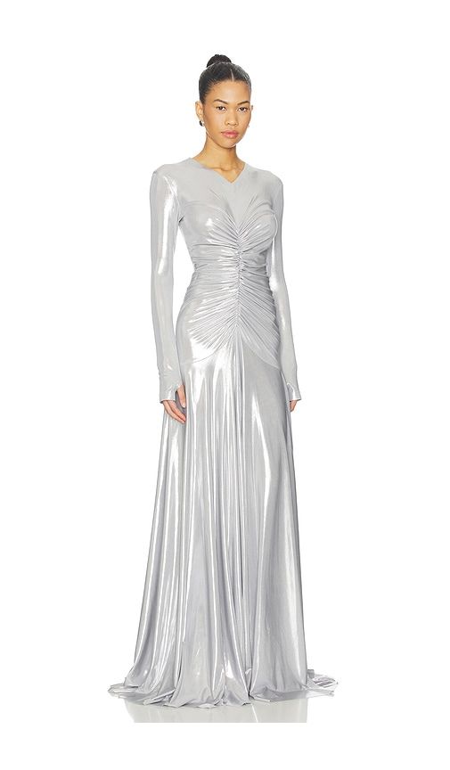 Long Sleeve V Neck Shirred Front Flared Gown in Metallic , grey. - size L (also in S, XS, XXS) - Norma Kamali - Modalova