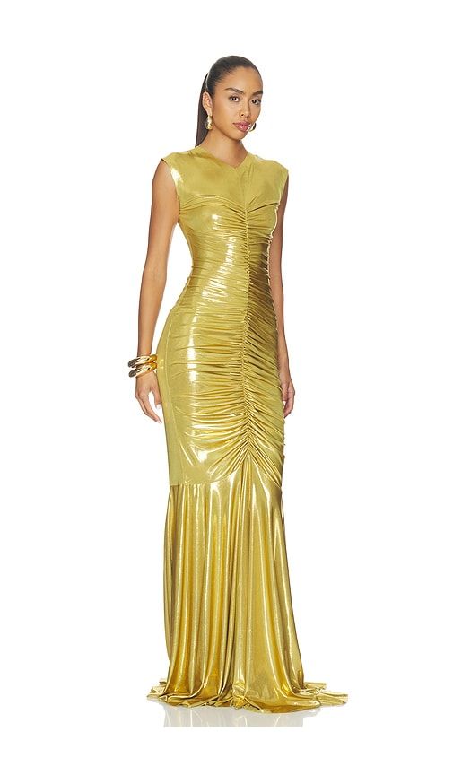 Sleeveless V Neck Fishtail Gown in Metallic Gold. - size M (also in S, XS) - Norma Kamali - Modalova