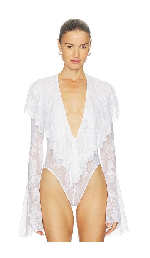 Long Sleeve Deep V Ruffle Bodysuit in White. - size L (also in M) - Norma Kamali - Modalova