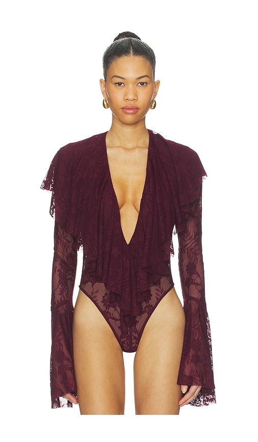 Long Sleeve Deep V Ruffle Bodysuit in Burgundy. - size S (also in XS) - Norma Kamali - Modalova
