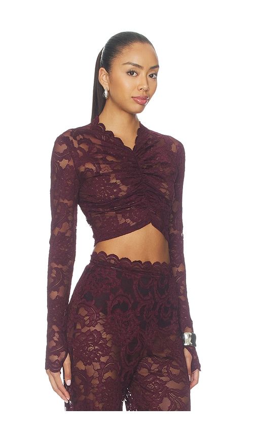 Delphine Lace Long Sleeve Crop Top in Burgundy. - size M (also in S) - Nookie - Modalova