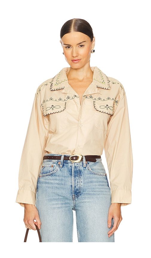 X REVOLVE Embroidered Button Up Shirt in Tan. - size M (also in S, XS) - Found - Modalova