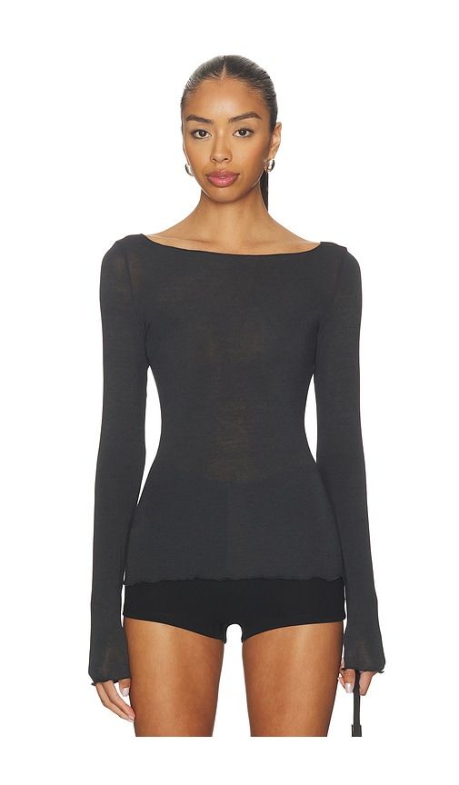 Sheer Modal Long Sleeve Boat Neck T-shirt in Black. - size S (also in M, L, XL, 2X) - SKIMS - Modalova