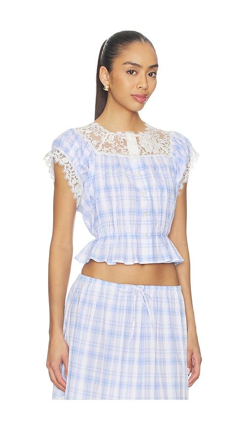 Lace Trim Button Check Top in Blue,White. - size L (also in M) - Yuhan Wang - Modalova