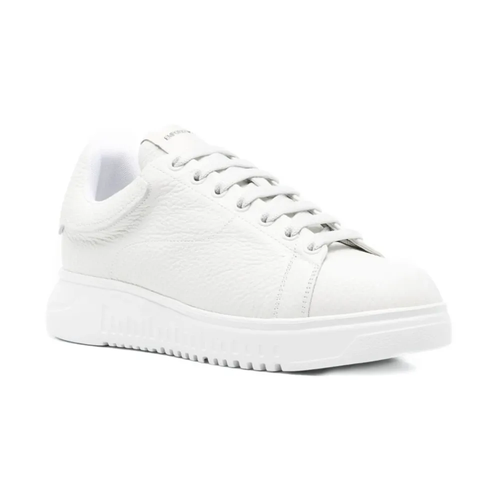 White Leather Sneakers Lace-Up Flat Sole - Emporio Armani - Modalova